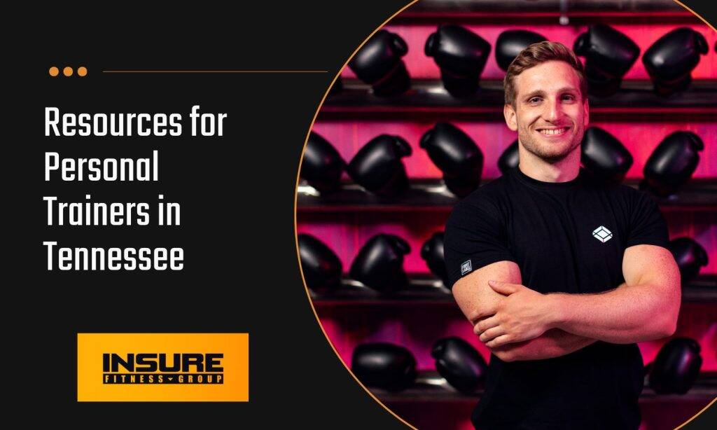 The banner features a professional personal trainer standing confidently with arms crossed, smiling in a gym setting. The background shows rows of black boxing gloves neatly arranged on shelves, highlighted by vibrant pink and red lighting. The banner text reads 'Resources for Personal Trainers in Tennessee,' emphasizing the importance of joining fitness organizations, attending workshops and conferences, and staying informed with the latest industry trends to advance career development and networking opportunities. The logo of Insure Fitness Group is displayed prominently at the bottom of the banner. This image highlights essential resources for personal trainers in Tennessee to enhance their careers.