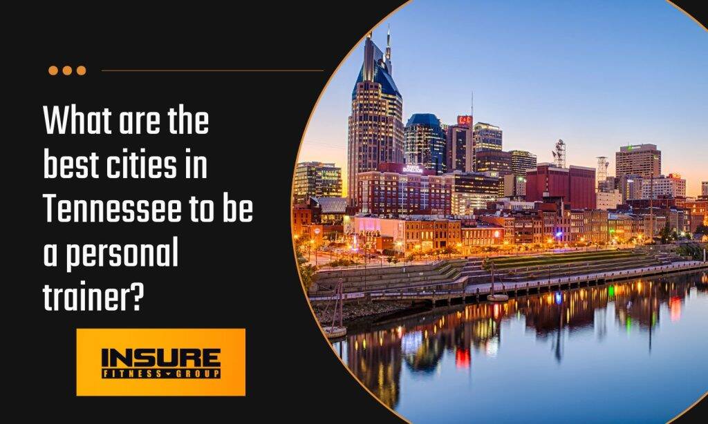 Promotional banner showcasing the best cities in Tennessee for personal trainers, featuring a vibrant nighttime view of Nashville's skyline, highlighted by modern buildings and colorful reflections on the river.