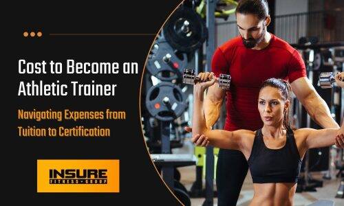 A male athletic trainer supports a female trainee lifting dumbbells, highlighting financial aspects in 'How much does it cost to become an athletic trainer' by INSURE FITNESS GROUP.