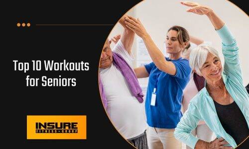 A group of seniors performing guided stretching exercises with an instructor in a fitness class.