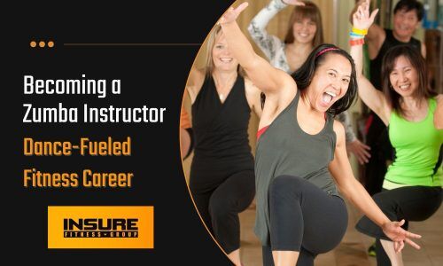 An exuberant group of diverse people following a Zumba class, with a joyful instructor in the foreground, showcasing a mid-dance pose with a wide smile. The left part of the image features bold text 'Becoming a Zumba Instructor - Dance-Fueled Fitness Career' against a dark background, and the logo of INSURE FITNESS GROUP is at the bottom. This visual captures the essence of how to become a Zumba instructor.